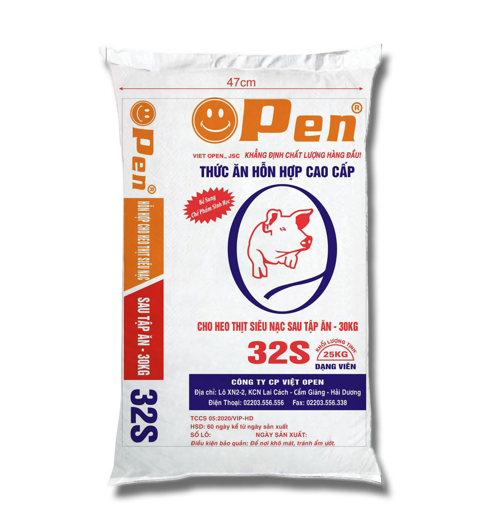 Thức ăn HHCC cho heo thịt siêu nạc sau tập ăn đến 30 kg  – 32S